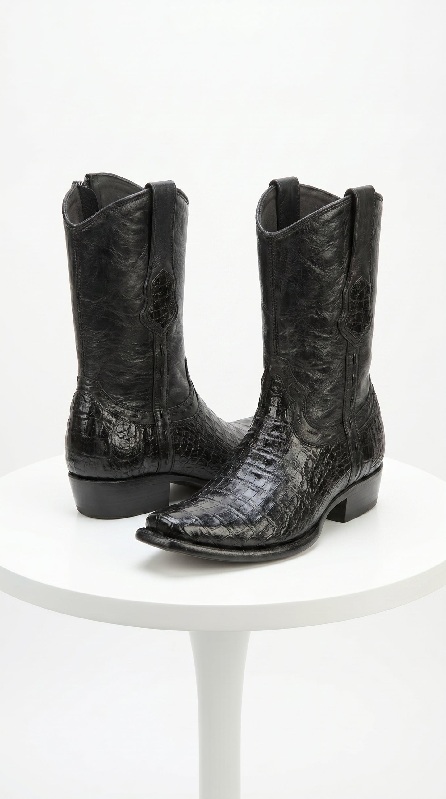 Men’s Black Caiman Skin Cowboy Boots with Western Shaft, Exotic Dress Boots