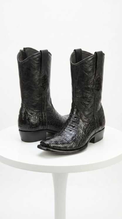 Men’s Black Caiman Skin Cowboy Boots with Western Shaft, Exotic Dress Boots