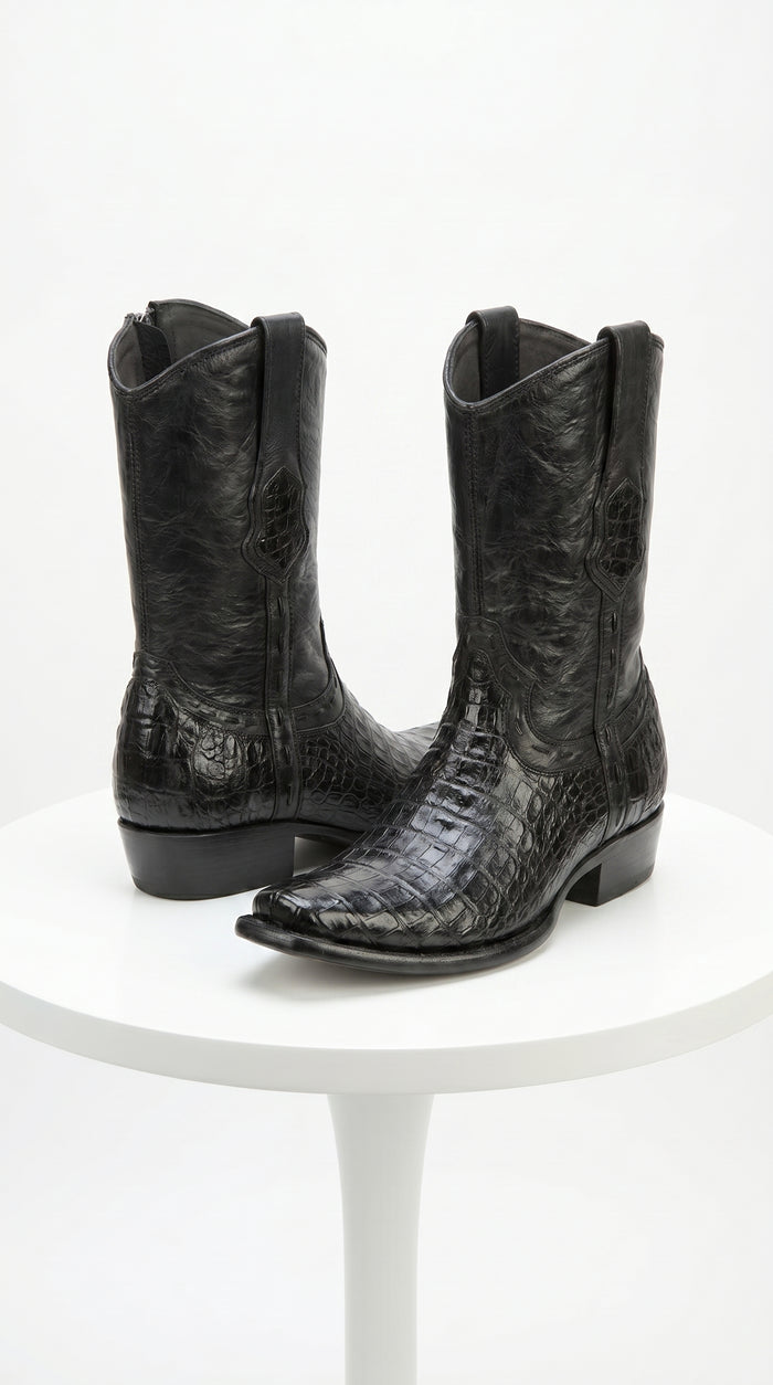 Men’s Black Caiman Skin Cowboy Boots with Western Shaft, Exotic Dress Boots