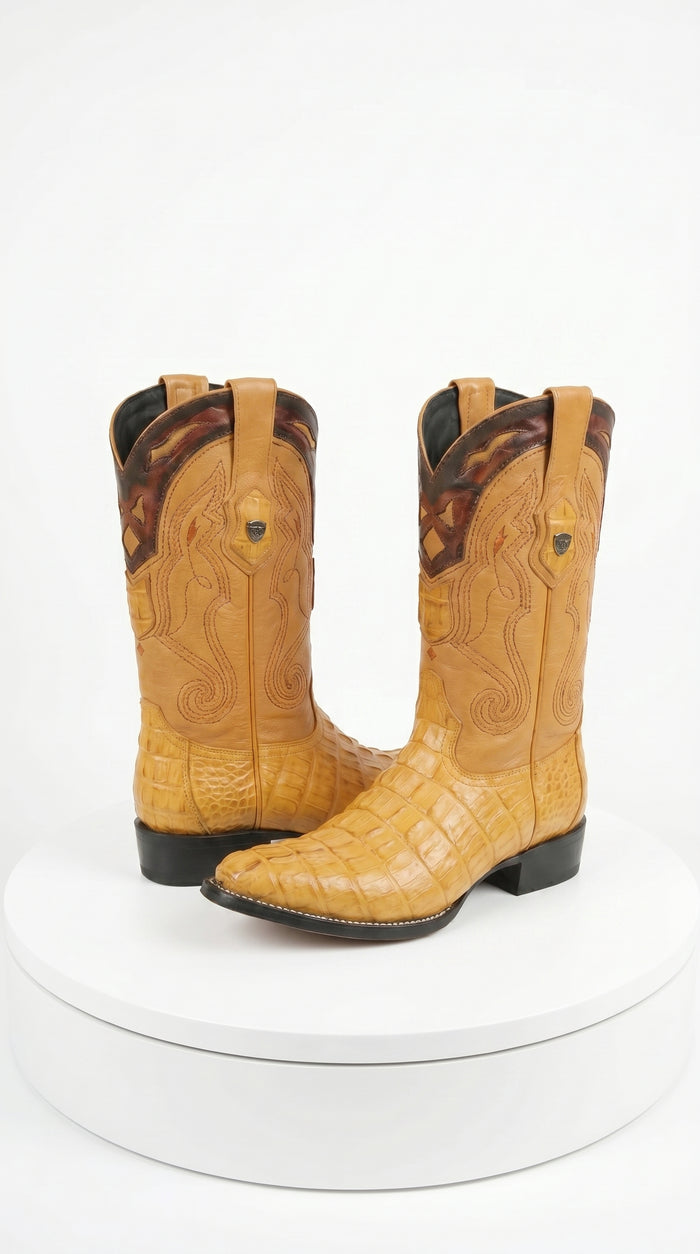 Men’s Yellow Gold Caiman Tail Skin 3X Toe Cowboy Boots – Wild West Western Boots 29501-A