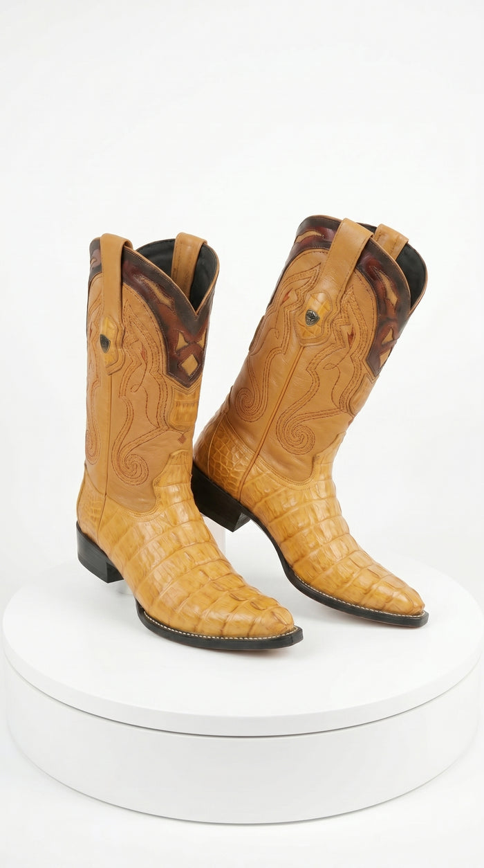 Men’s Yellow Gold Caiman Tail Skin 3X Toe Cowboy Boots – Wild West Western Boots 29501-A