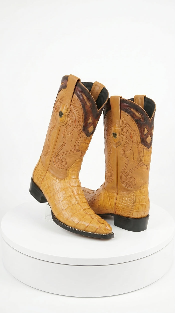 Men’s Yellow Gold Caiman Tail Skin 3X Toe Cowboy Boots – Wild West Western Boots 29501-A