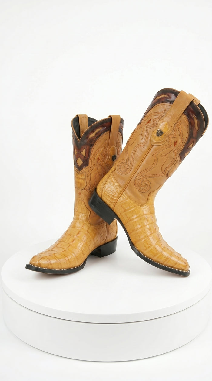 Men’s Yellow Gold Caiman Tail Skin 3X Toe Cowboy Boots – Wild West Western Boots 29501-A