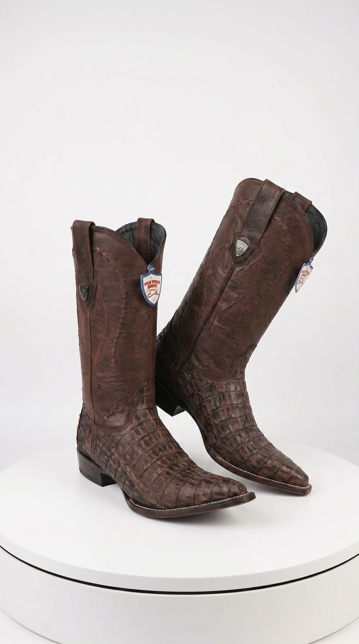 Men’s Wild West Brown Caiman Belly Skin 3X Toe Cowboy Boots, Exotic Western Dress Boots 29582-B