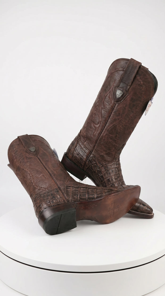 Men’s Wild West Brown Caiman Belly Skin 3X Toe Cowboy Boots, Exotic Western Dress Boots 29582-B