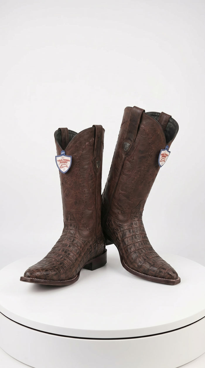 Men’s Wild West Brown Caiman Belly Skin 3X Toe Cowboy Boots, Exotic Western Dress Boots 29582-B
