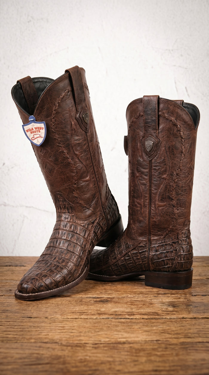 Men’s Wild West Brown Caiman Belly Skin 3X Toe Cowboy Boots, Exotic Western Dress Boots 29582-B
