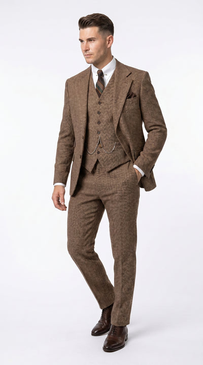 Men’s Light Brown Great Gatsby Inspired Tweed Herringbone Vested Suit, Vintage Formal Wedding Suit