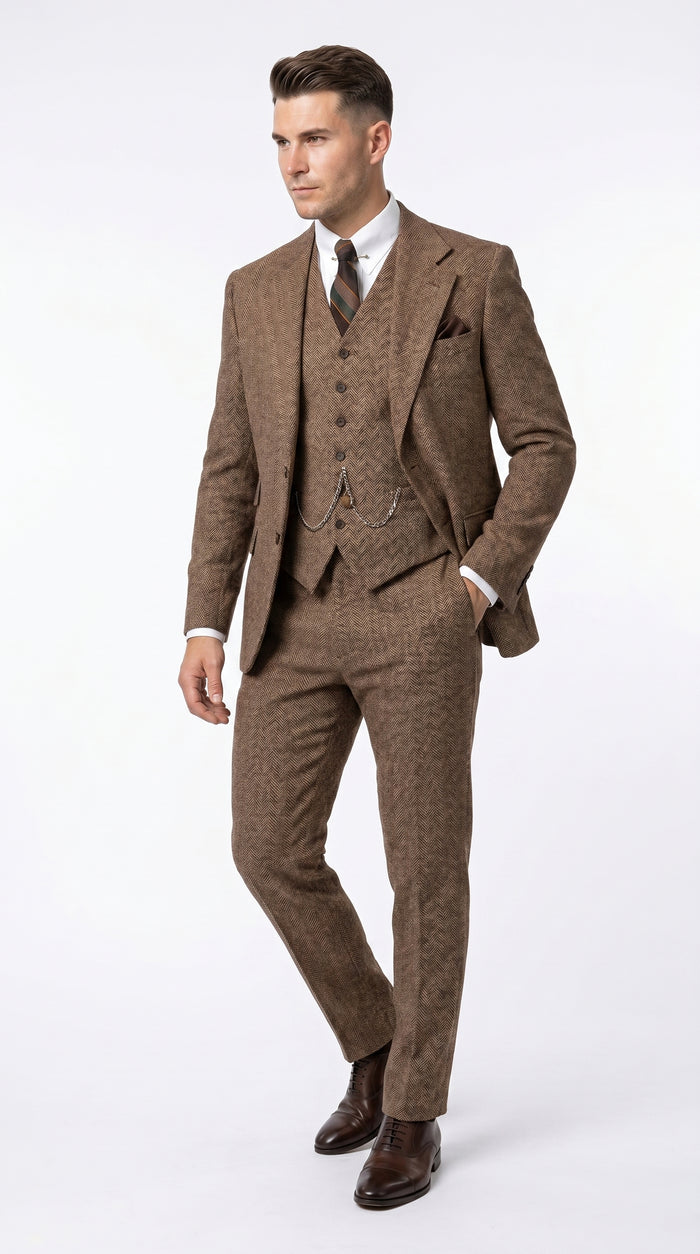 Men’s Light Brown Great Gatsby Inspired Tweed Herringbone Vested Suit, Vintage Formal Wedding Suit