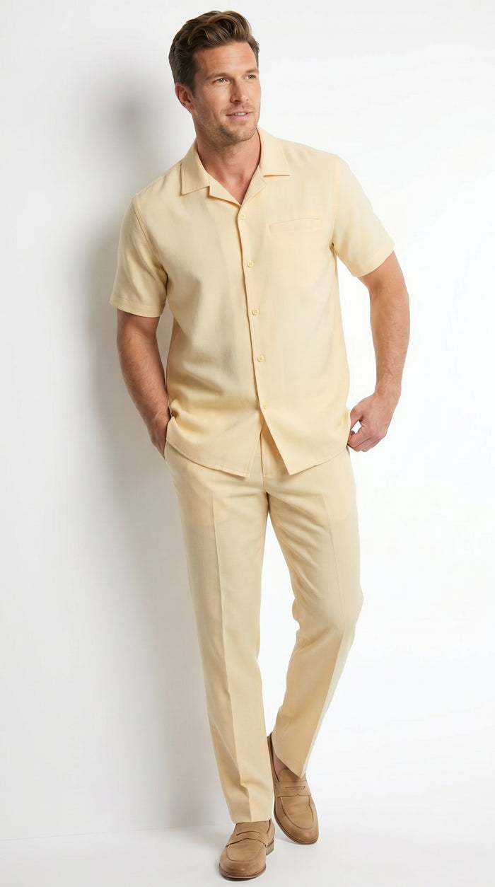 Men’s Yellow Patterned Short Sleeve Walking Suit with Matching Pants, Casual Summer Dress Outfit