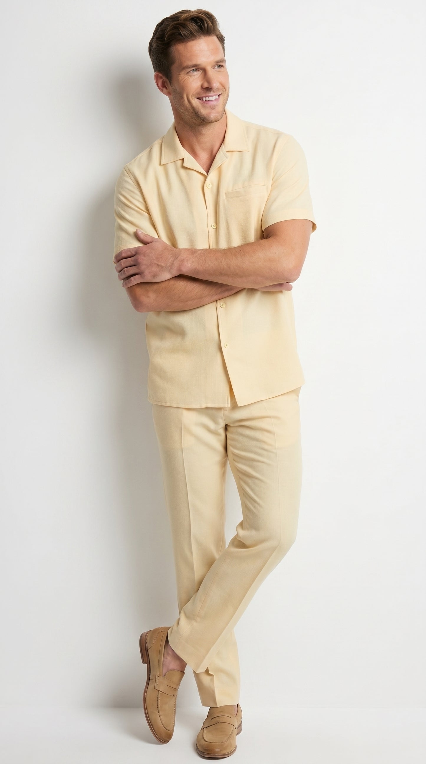 Men’s Yellow Patterned Short Sleeve Walking Suit with Matching Pants, Casual Summer Dress Outfit