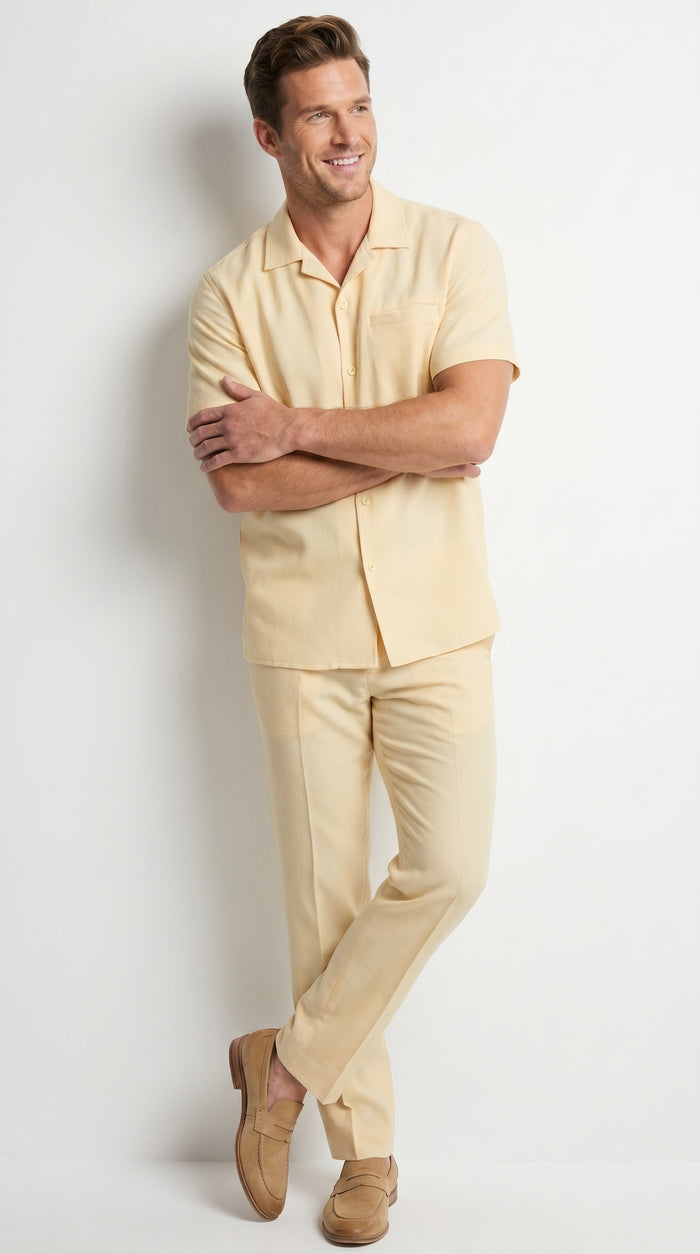 Men’s Yellow Patterned Short Sleeve Walking Suit with Matching Pants, Casual Summer Dress Outfit