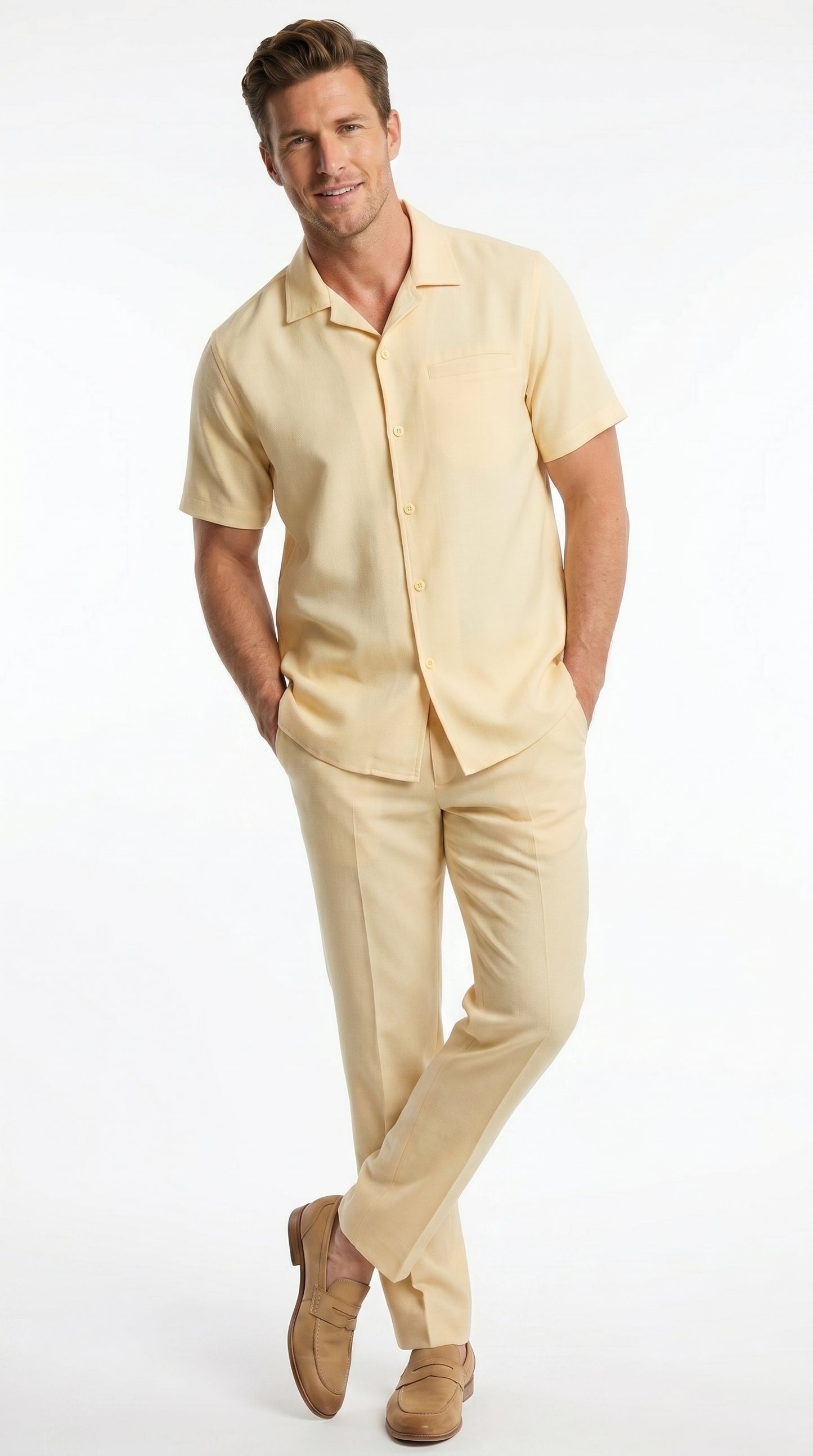 Men’s Yellow Patterned Short Sleeve Walking Suit with Matching Pants, Casual Summer Dress Outfit