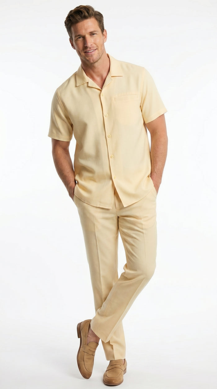 Men’s Yellow Patterned Short Sleeve Walking Suit with Matching Pants, Casual Summer Dress Outfit
