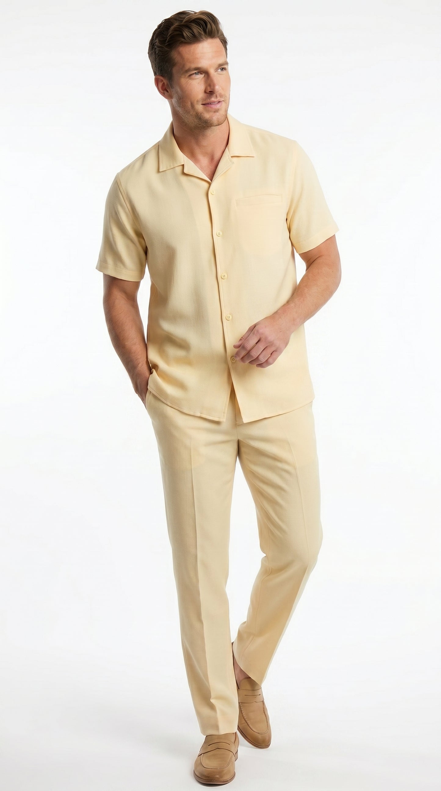 Men’s Yellow Patterned Short Sleeve Walking Suit with Matching Pants, Casual Summer Dress Outfit