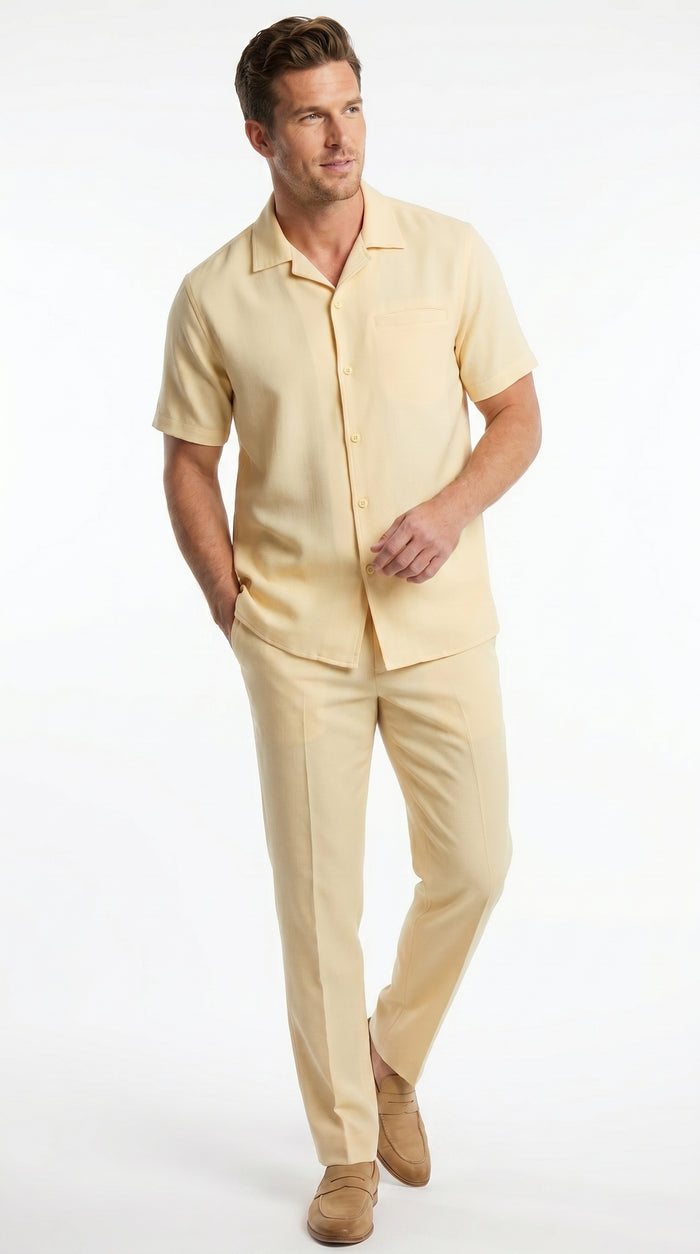 Men’s Yellow Patterned Short Sleeve Walking Suit with Matching Pants, Casual Summer Dress Outfit