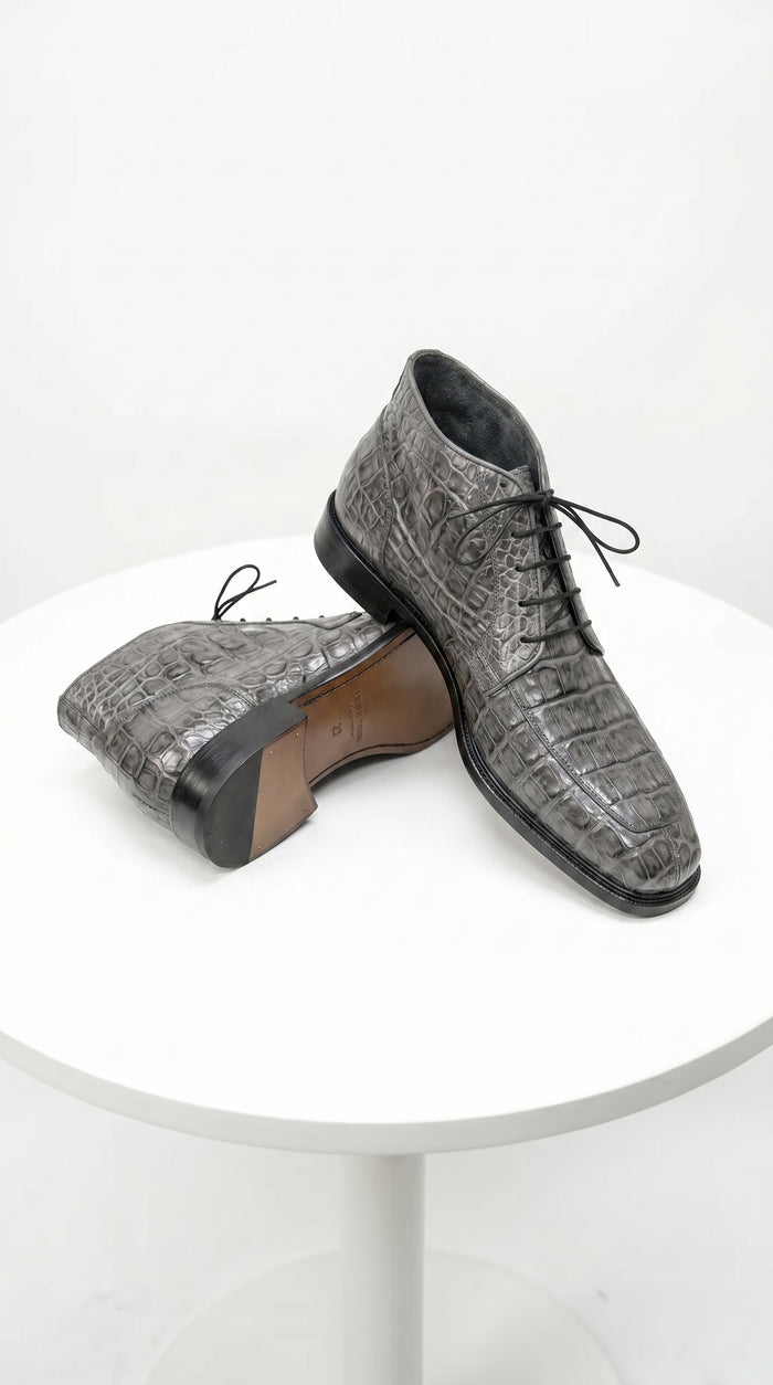 Men’s Los Altos Gray All Over Crocodile Lace Up Dress Ankle Boots, Exotic Formal Boots