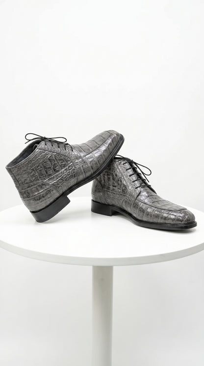 Men’s Los Altos Gray All Over Crocodile Lace Up Dress Ankle Boots, Exotic Formal Boots