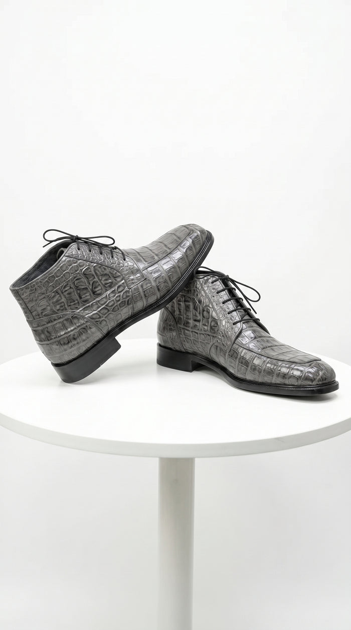 Men’s Los Altos Gray All Over Crocodile Lace Up Dress Ankle Boots, Exotic Formal Boots