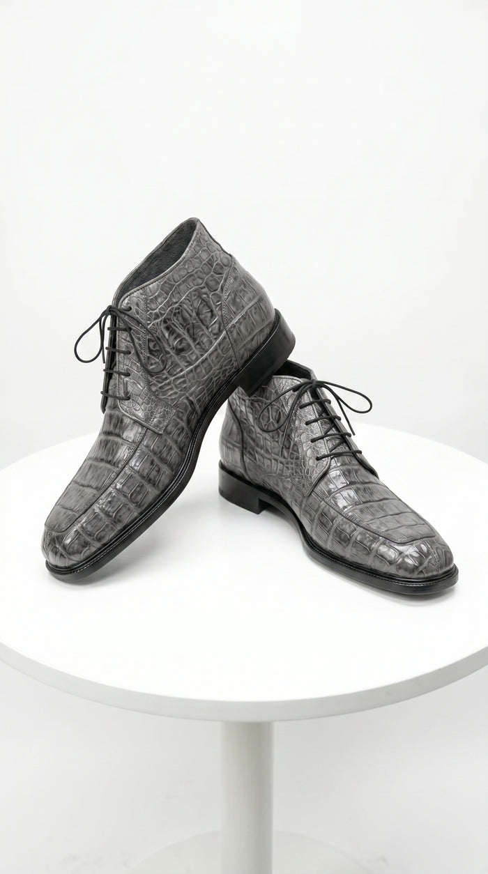 Men’s Los Altos Gray All Over Crocodile Lace Up Dress Ankle Boots, Exotic Formal Boots