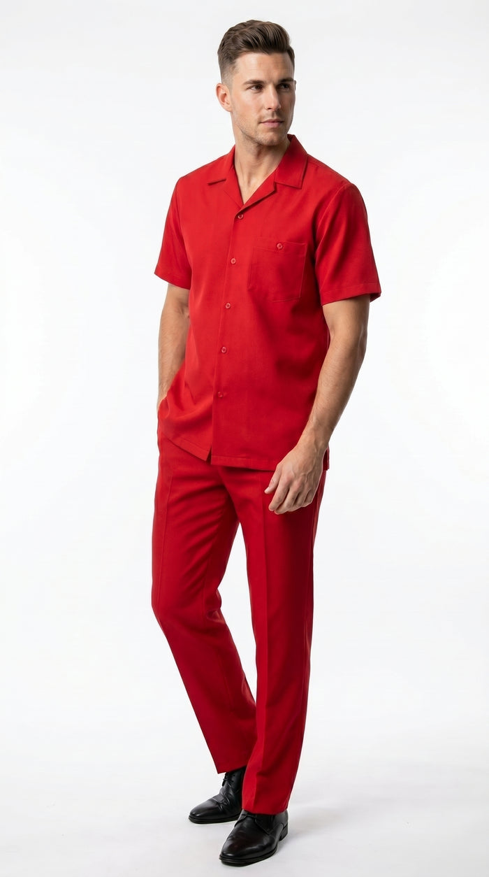 Men’s Red Short Sleeve Walking Suit with Matching Pants, Casual Summer Dress Outfit