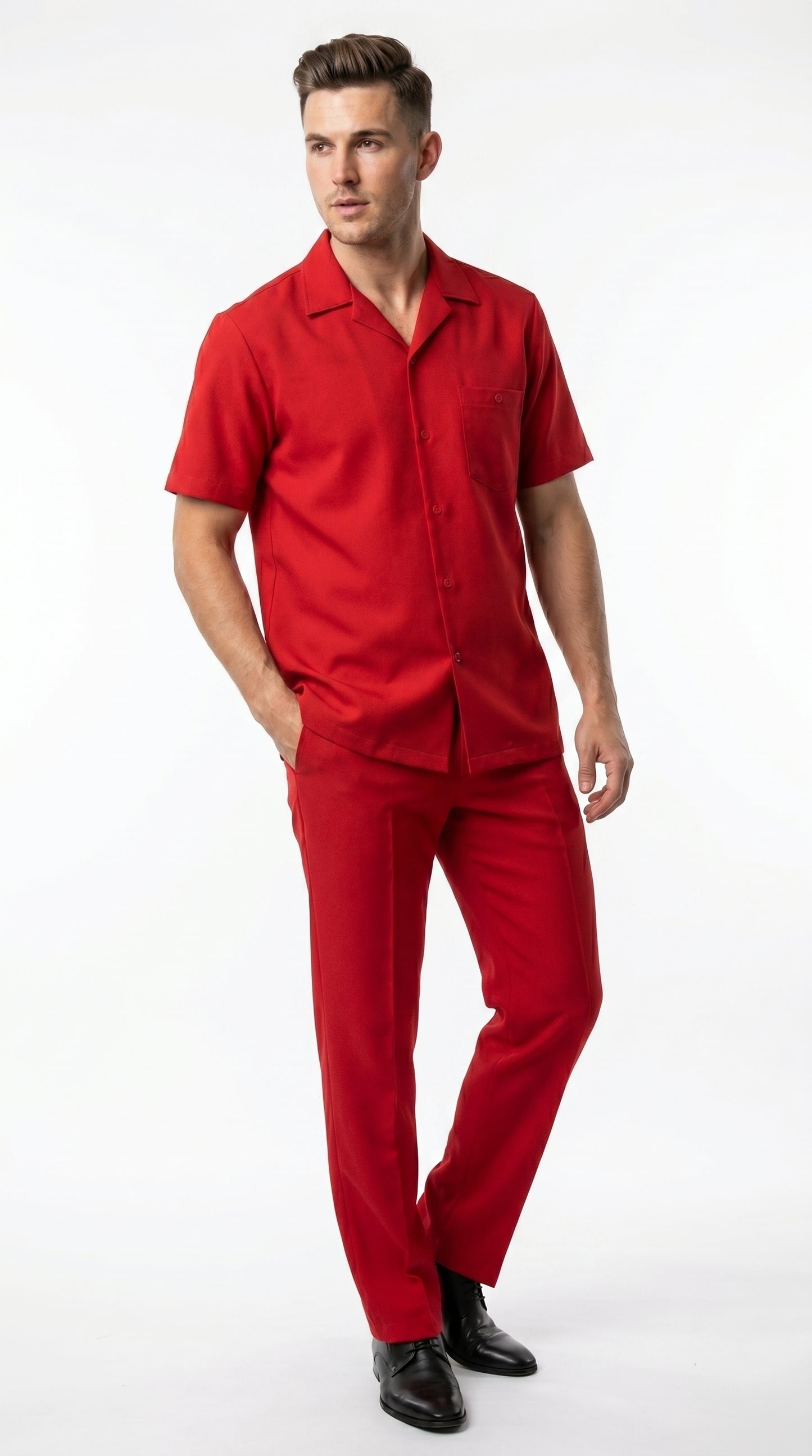 Men’s Red Short Sleeve Walking Suit with Matching Pants, Casual Summer Dress Outfit