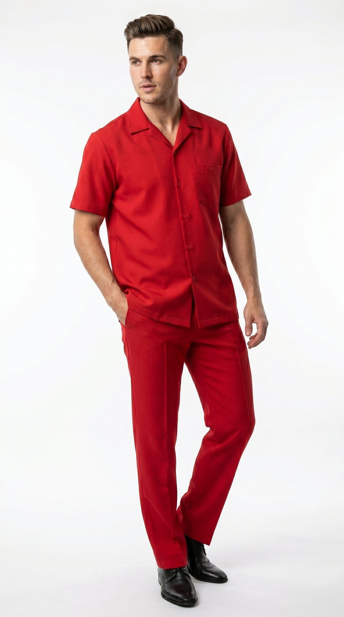 Men’s Red Short Sleeve Walking Suit with Matching Pants, Casual Summer Dress Outfit