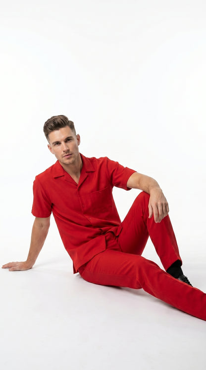 Men’s Red Short Sleeve Walking Suit with Matching Pants, Casual Summer Dress Outfit