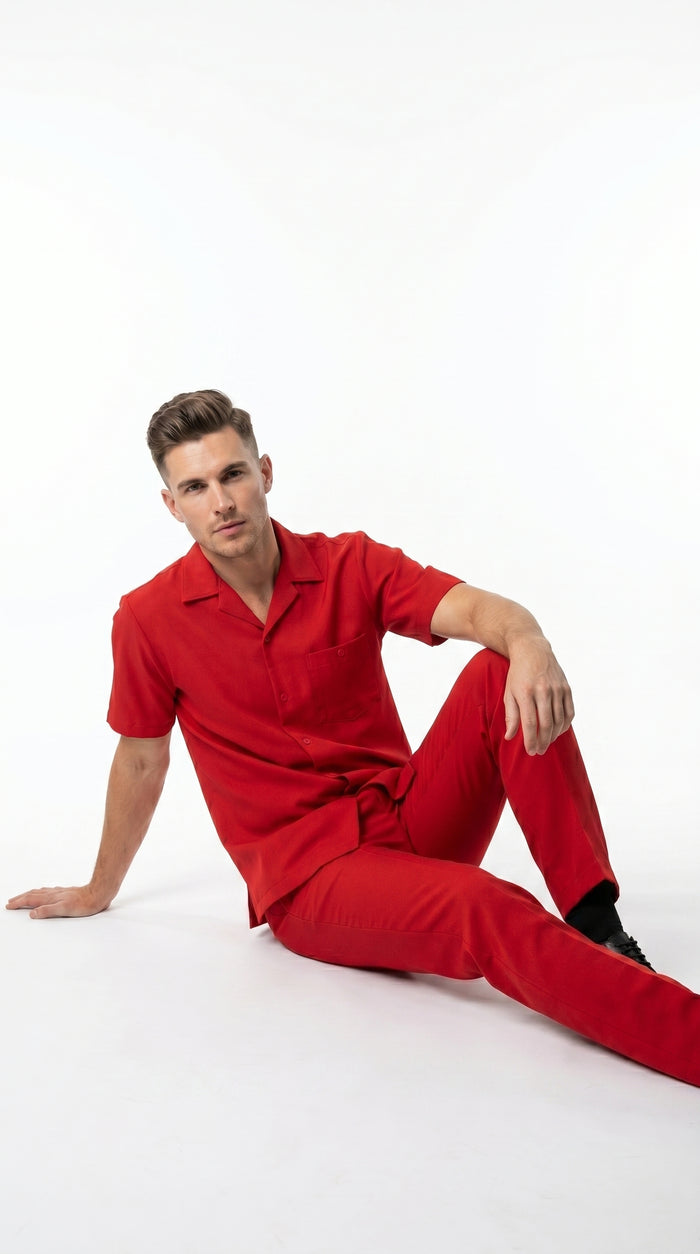 Men’s Red Short Sleeve Walking Suit with Matching Pants, Casual Summer Dress Outfit