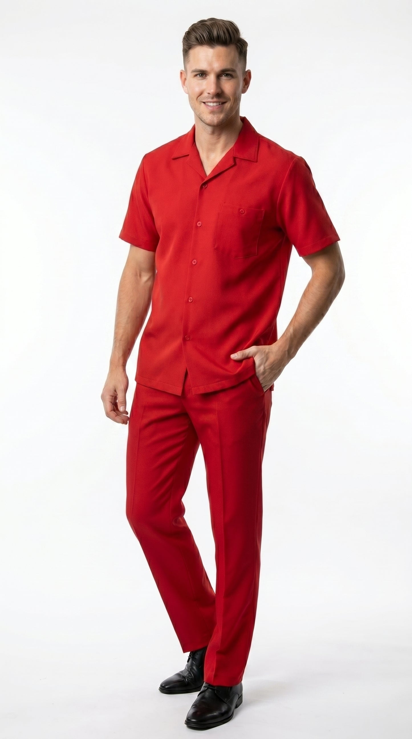 Men’s Red Short Sleeve Walking Suit with Matching Pants, Casual Summer Dress Outfit