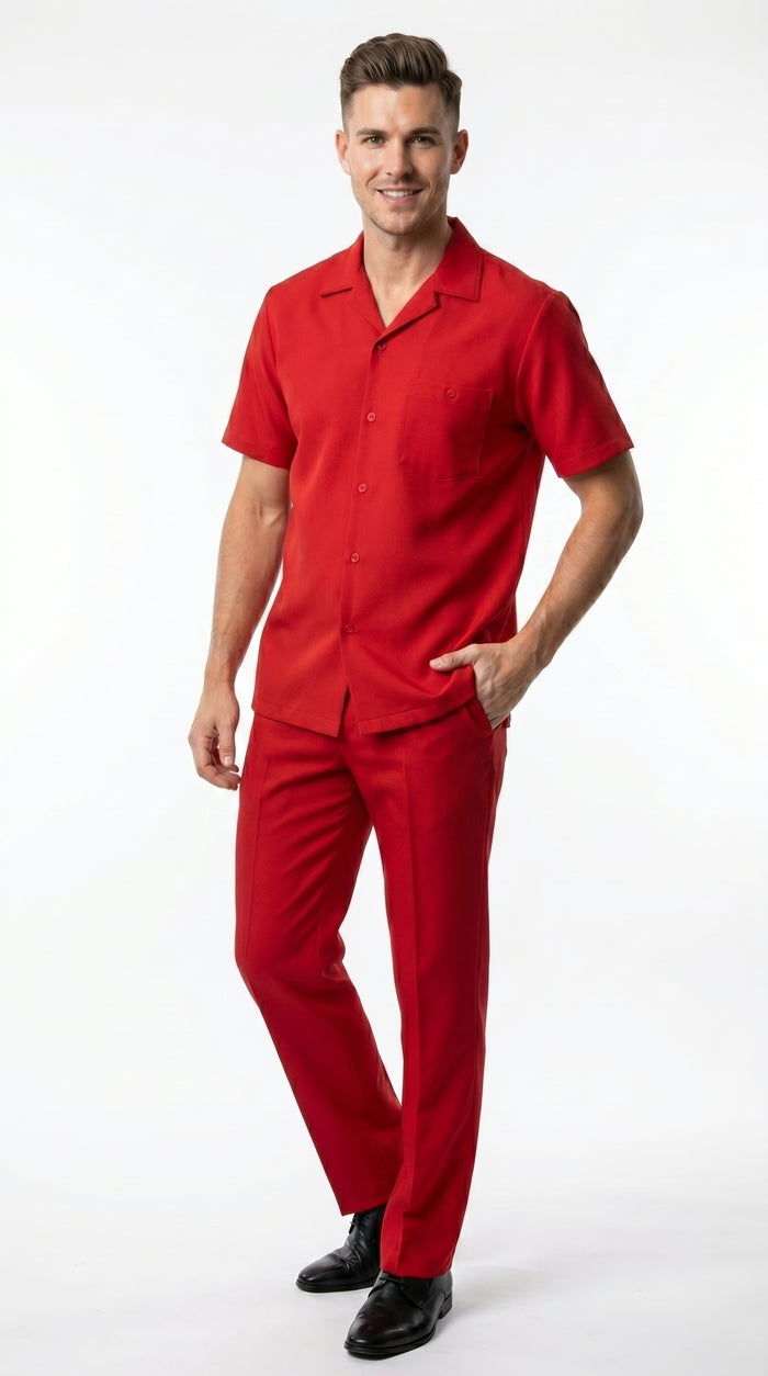 Men’s Red Short Sleeve Walking Suit with Matching Pants, Casual Summer Dress Outfit