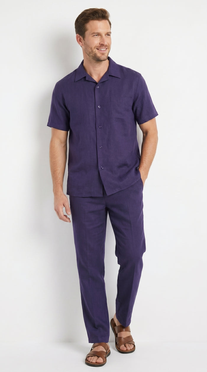 Men’s Navy 100% Linen Short Sleeve Walking Suit, Casual Leisure Shirt and Pants Set