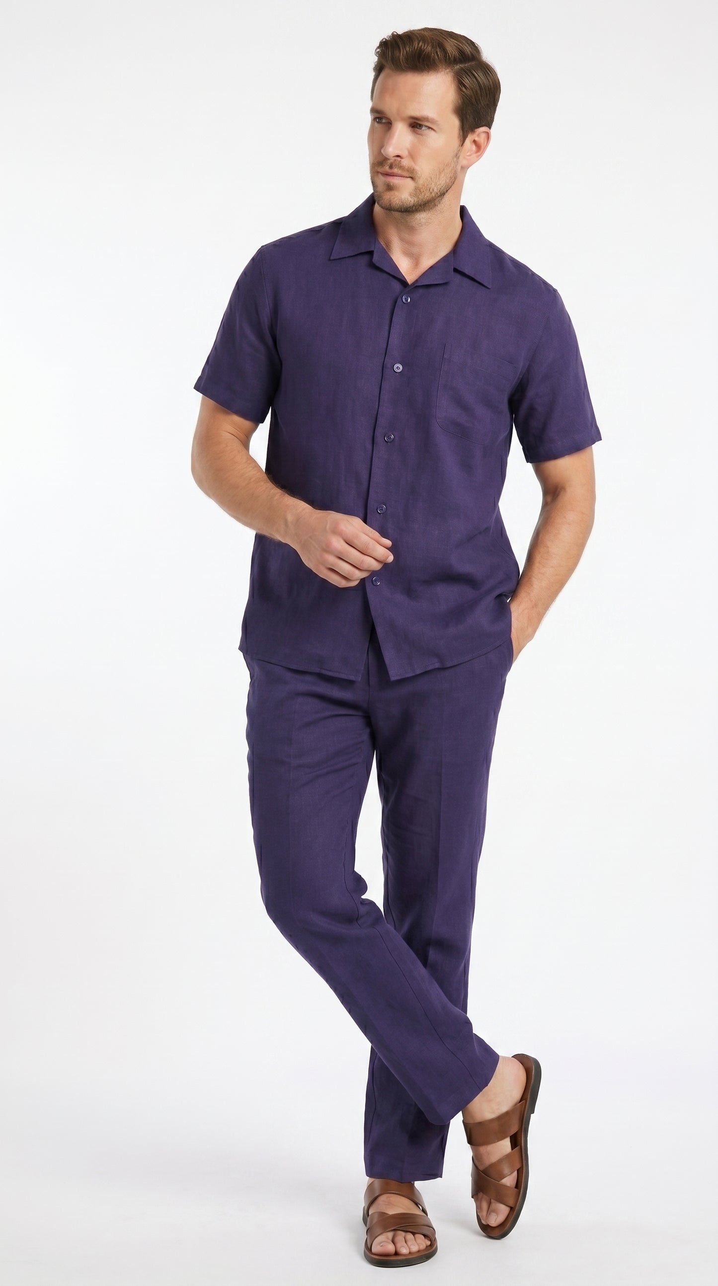 Men’s Navy 100% Linen Short Sleeve Walking Suit, Casual Leisure Shirt and Pants Set