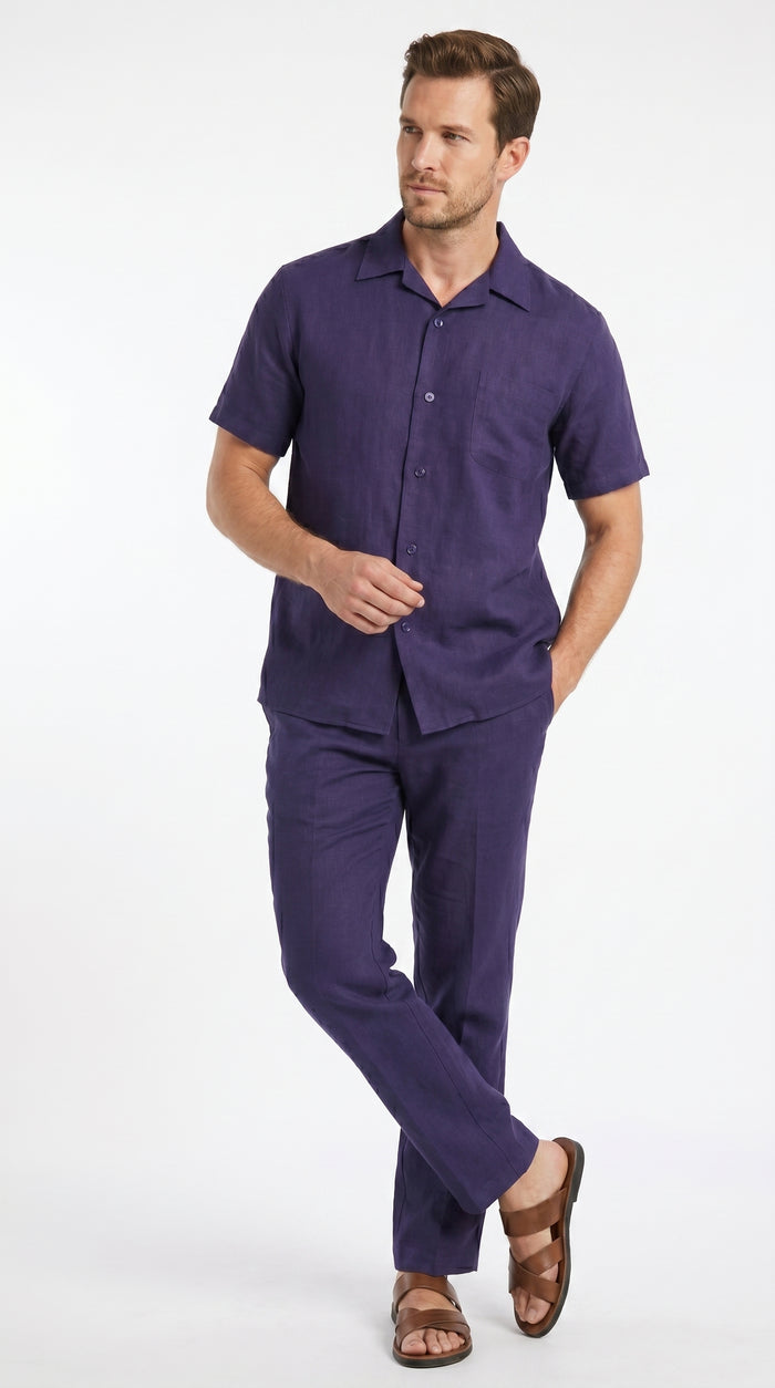 Men’s Navy 100% Linen Short Sleeve Walking Suit, Casual Leisure Shirt and Pants Set