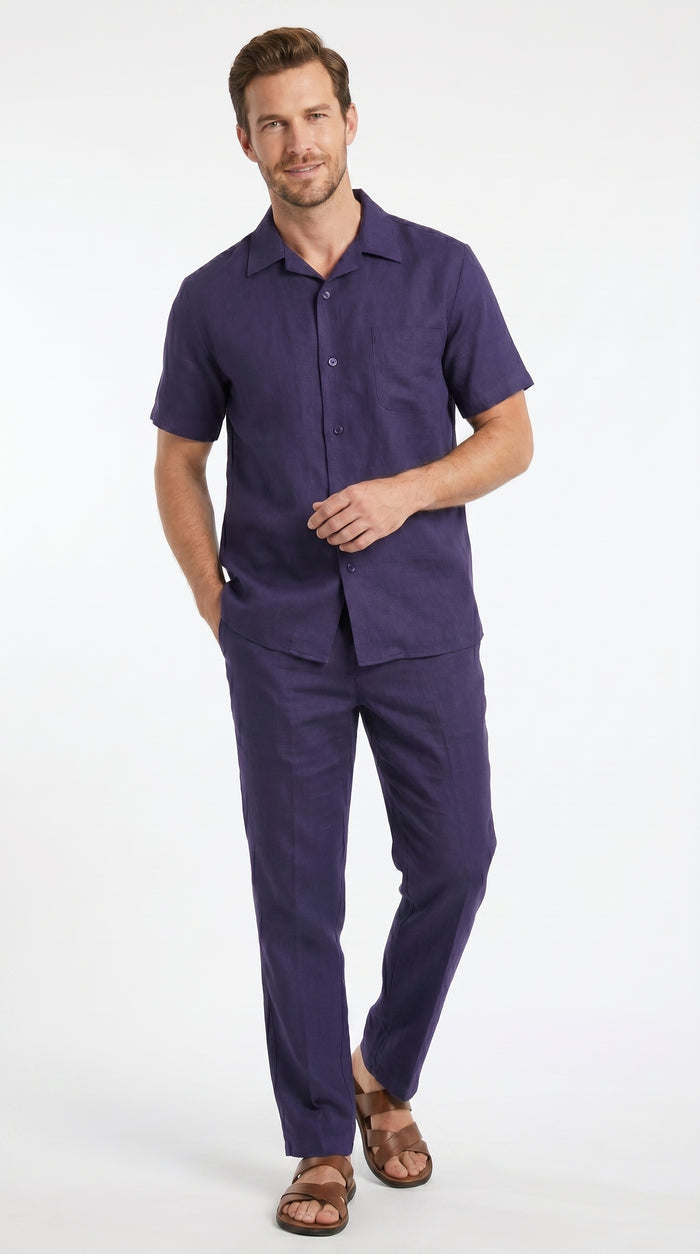 Men’s Navy 100% Linen Short Sleeve Walking Suit, Casual Leisure Shirt and Pants Set