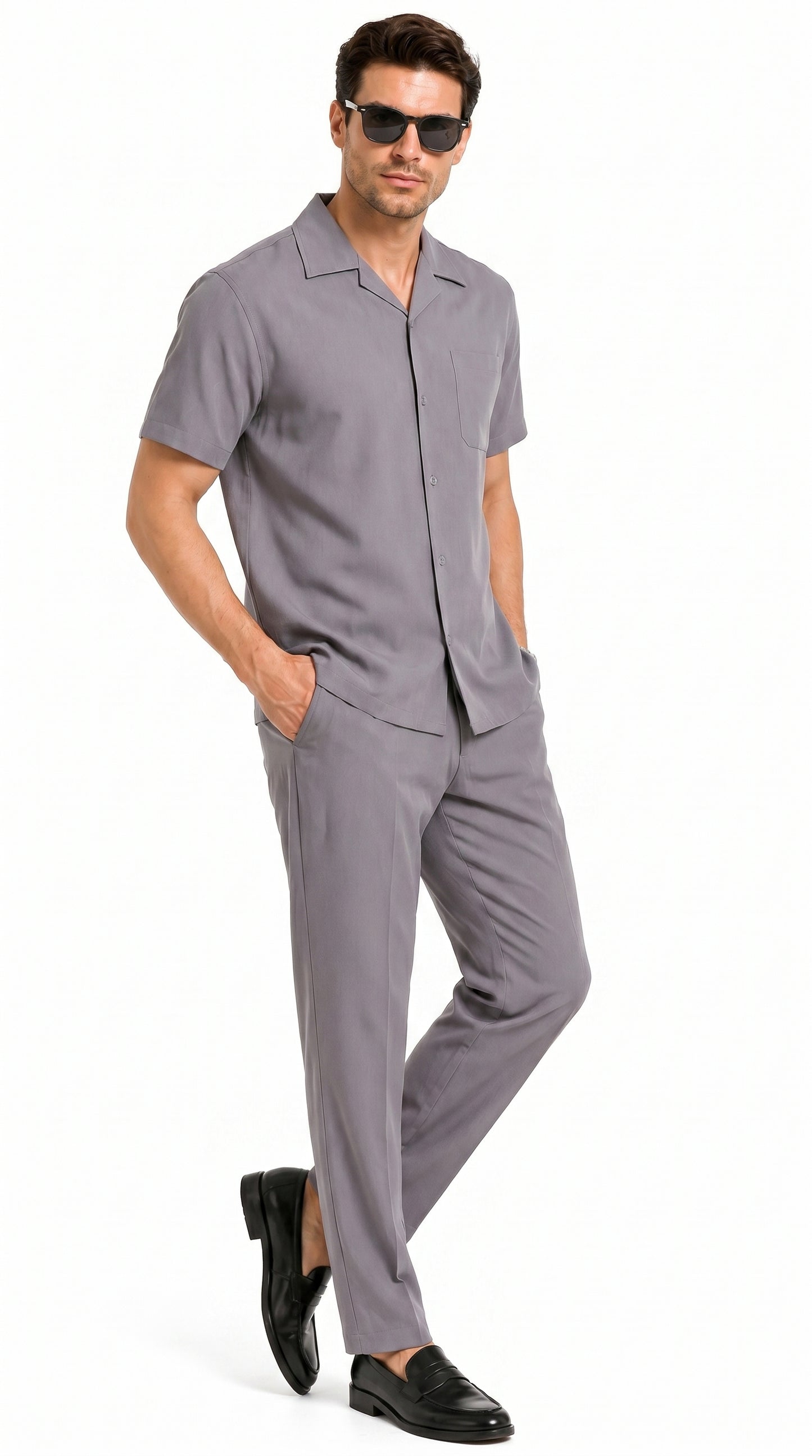 Men’s Solid Grey Short Sleeve Walking Suit with Matching Pants, Casual Summer Dress Outfit