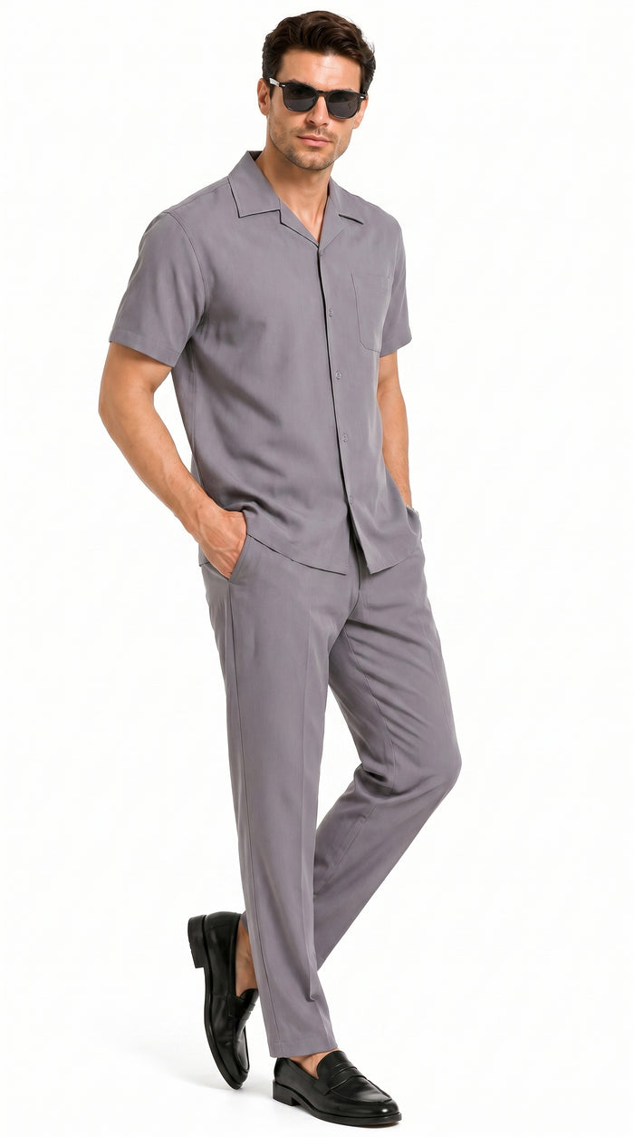 Men’s Solid Grey Short Sleeve Walking Suit with Matching Pants, Casual Summer Dress Outfit