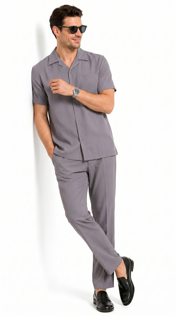 Men’s Solid Grey Short Sleeve Walking Suit with Matching Pants, Casual Summer Dress Outfit
