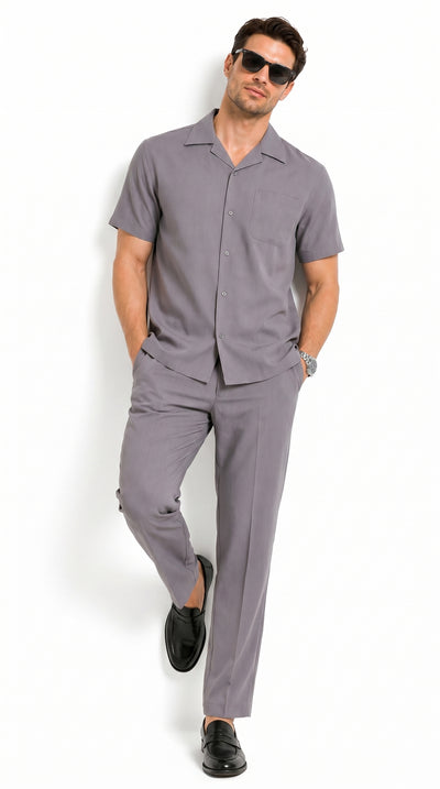 Men’s Solid Grey Short Sleeve Walking Suit with Matching Pants, Casual Summer Dress Outfit