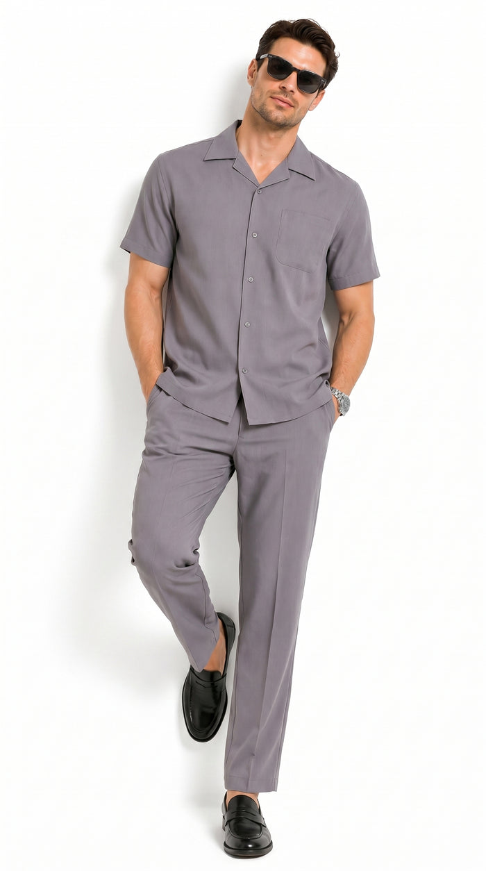 Men’s Solid Grey Short Sleeve Walking Suit with Matching Pants, Casual Summer Dress Outfit