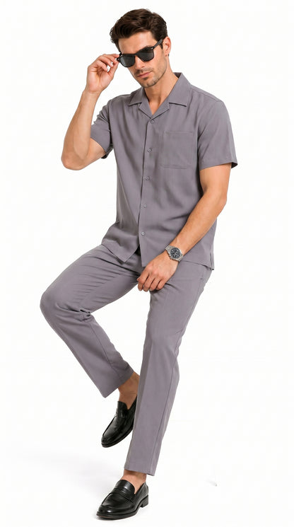 Men’s Solid Grey Short Sleeve Walking Suit with Matching Pants, Casual Summer Dress Outfit