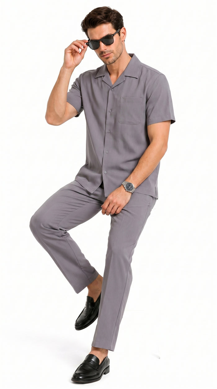 Men’s Solid Grey Short Sleeve Walking Suit with Matching Pants, Casual Summer Dress Outfit