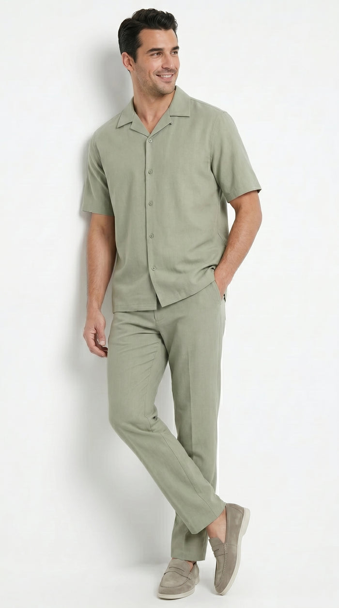 Men’s Solid Light Olive Short Sleeve Walking Suit with Matching Pants, Casual Summer Dress Outfit