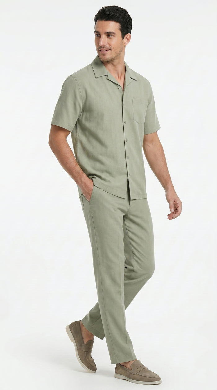 Men’s Solid Light Olive Short Sleeve Walking Suit with Matching Pants, Casual Summer Dress Outfit
