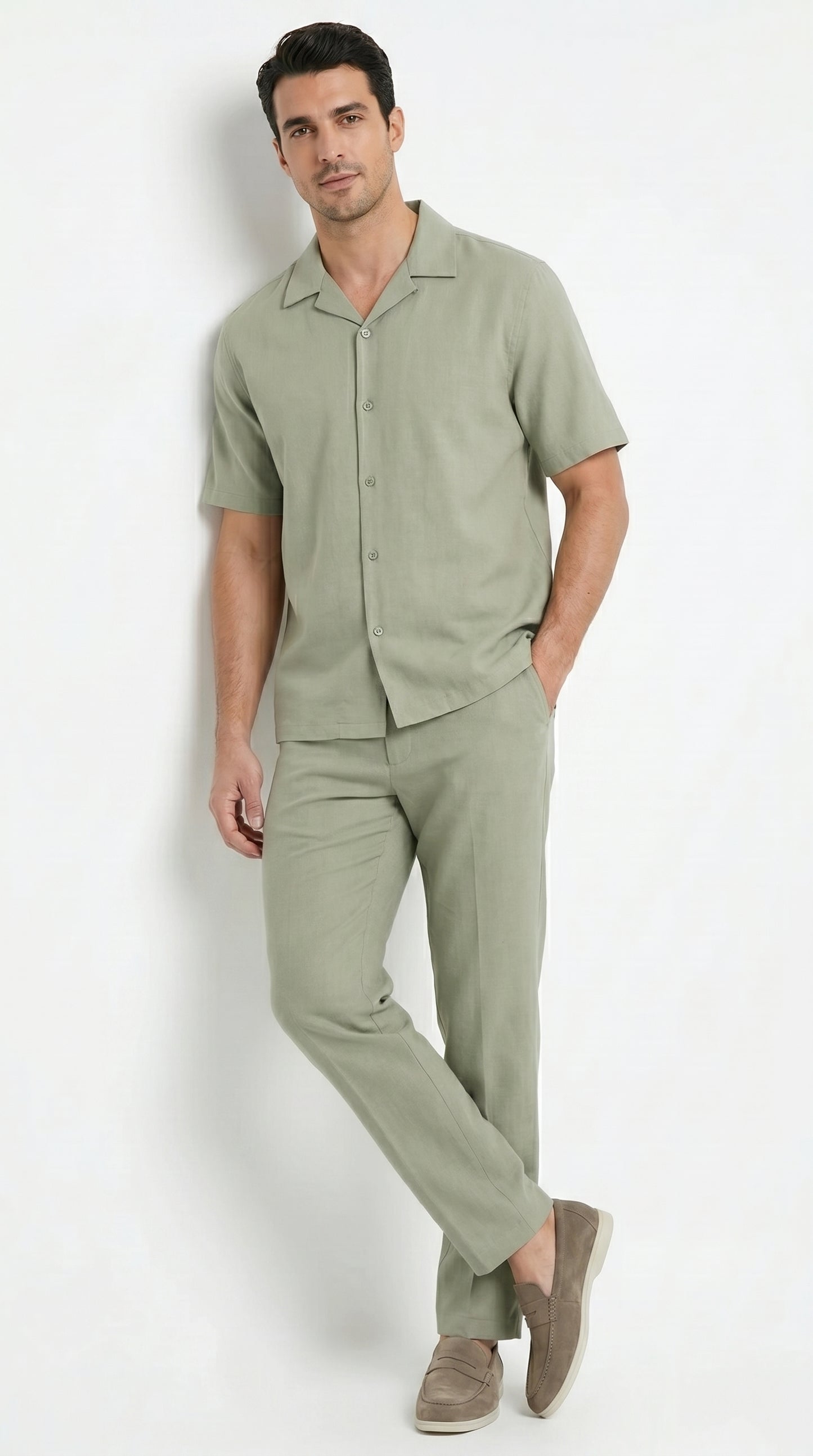 Men’s Solid Light Olive Short Sleeve Walking Suit with Matching Pants, Casual Summer Dress Outfit