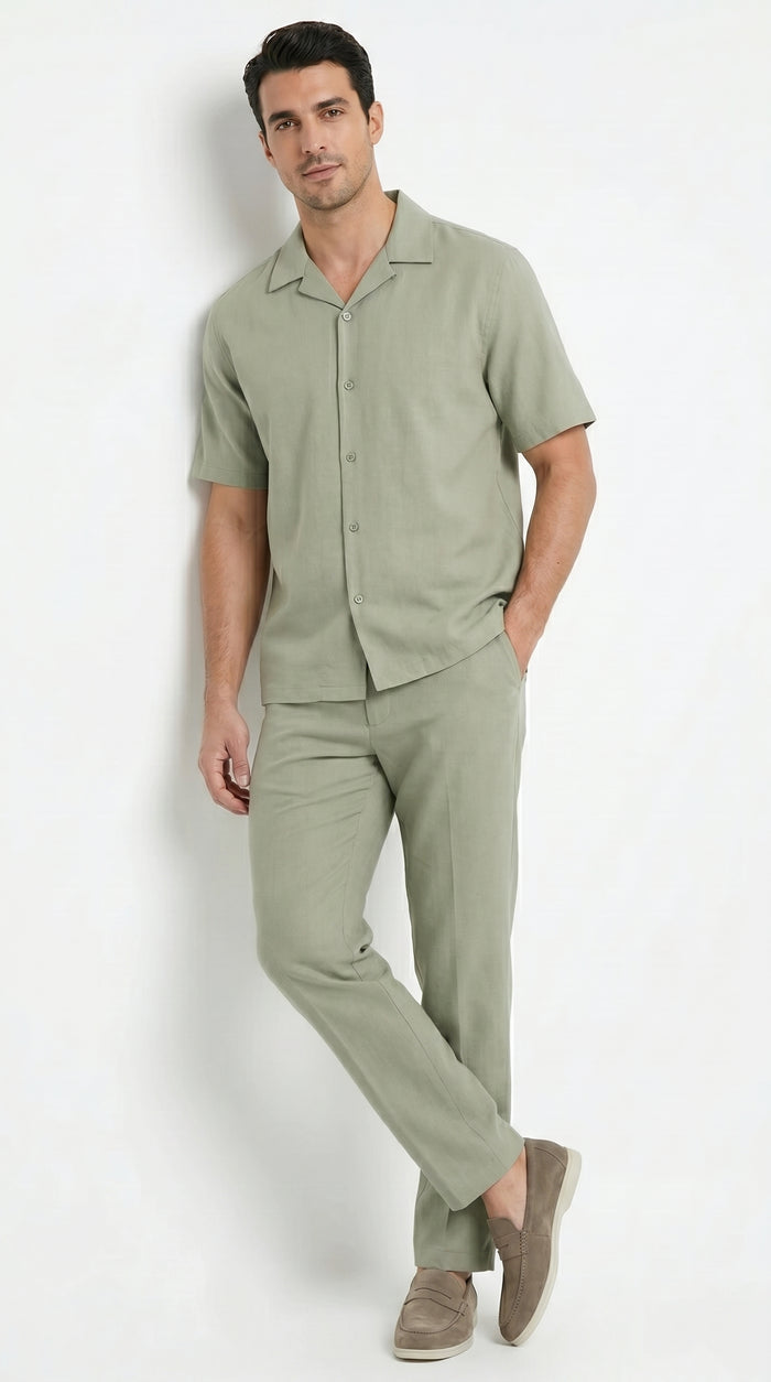 Men’s Solid Light Olive Short Sleeve Walking Suit with Matching Pants, Casual Summer Dress Outfit