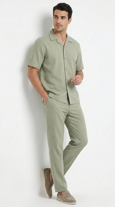 Men’s Solid Light Olive Short Sleeve Walking Suit with Matching Pants, Casual Summer Dress Outfit