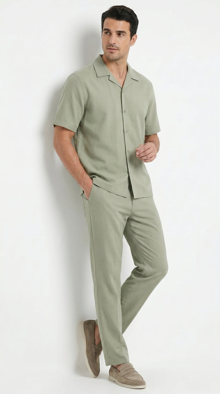 Men’s Solid Light Olive Short Sleeve Walking Suit with Matching Pants, Casual Summer Dress Outfit