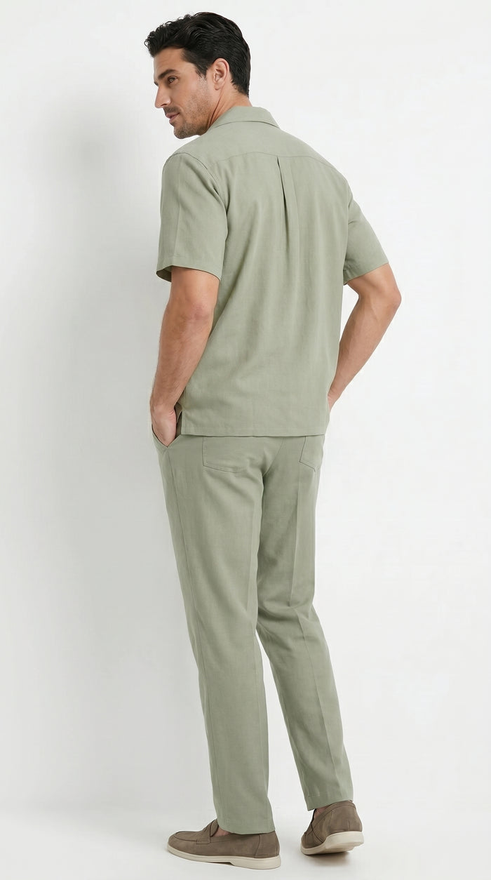 Men’s Solid Light Olive Short Sleeve Walking Suit with Matching Pants, Casual Summer Dress Outfit