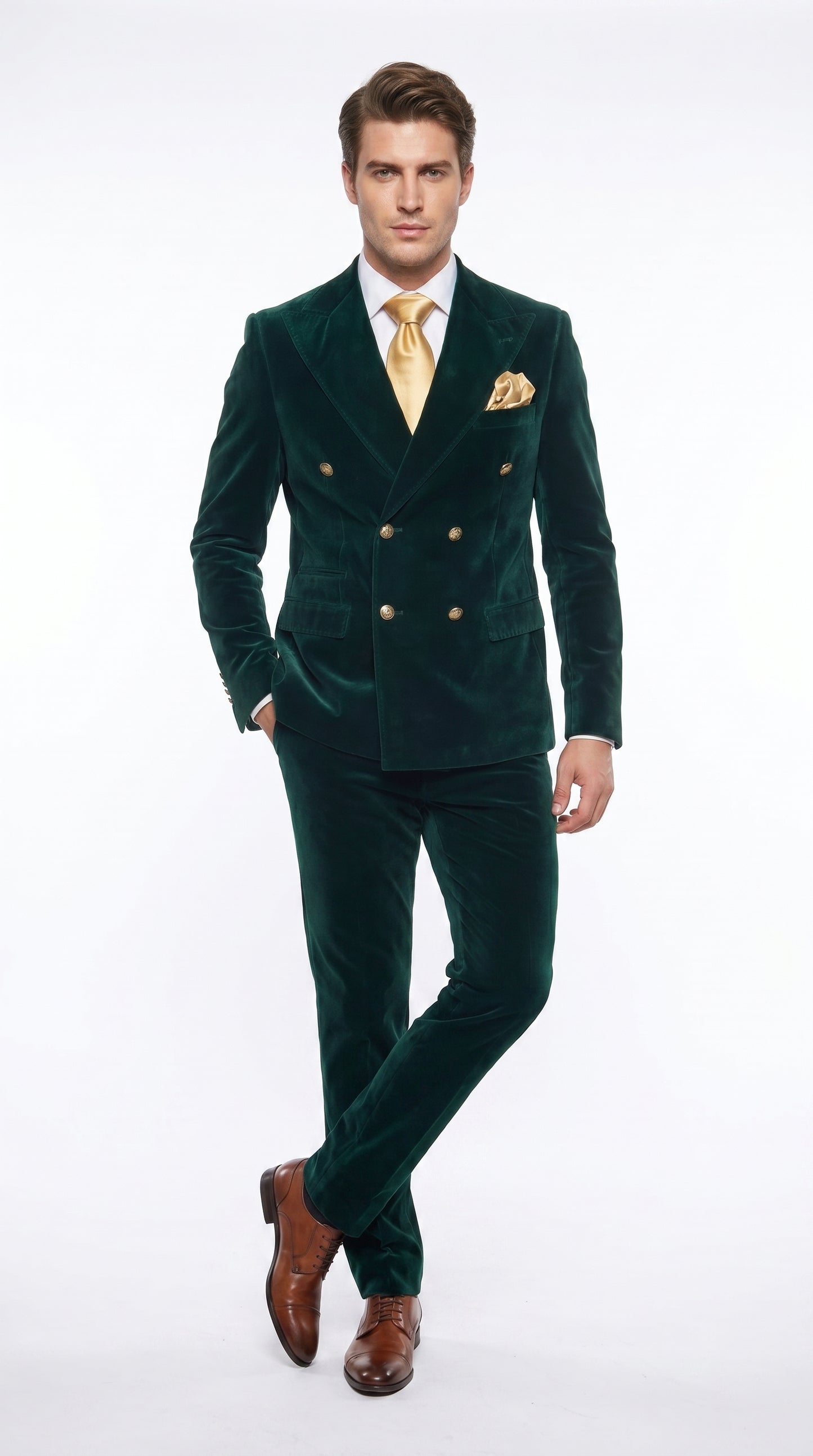 Men’s Rossi Man Zeus Emerald Green Velvet Double Breasted Tuxedo Suit, Formal Wedding Prom Dinner Suit